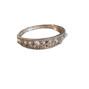 Hinged Silver Fashion Bracelet With Faux Pearls & Rhinestones -Bridal Bracelet